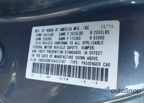 2012 Honda Accord 3.5 Ex-L from USA, damaged, VIN 1HGCS2B81CA002197